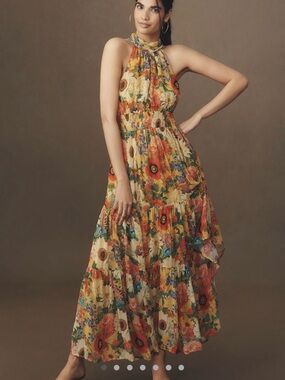 Anthropologie Somerset Halter Maxi Dress in Yellow Florals and Multicolors